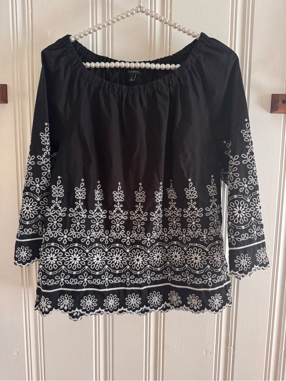 Talbots Black Blouse with White Floral Embroidery